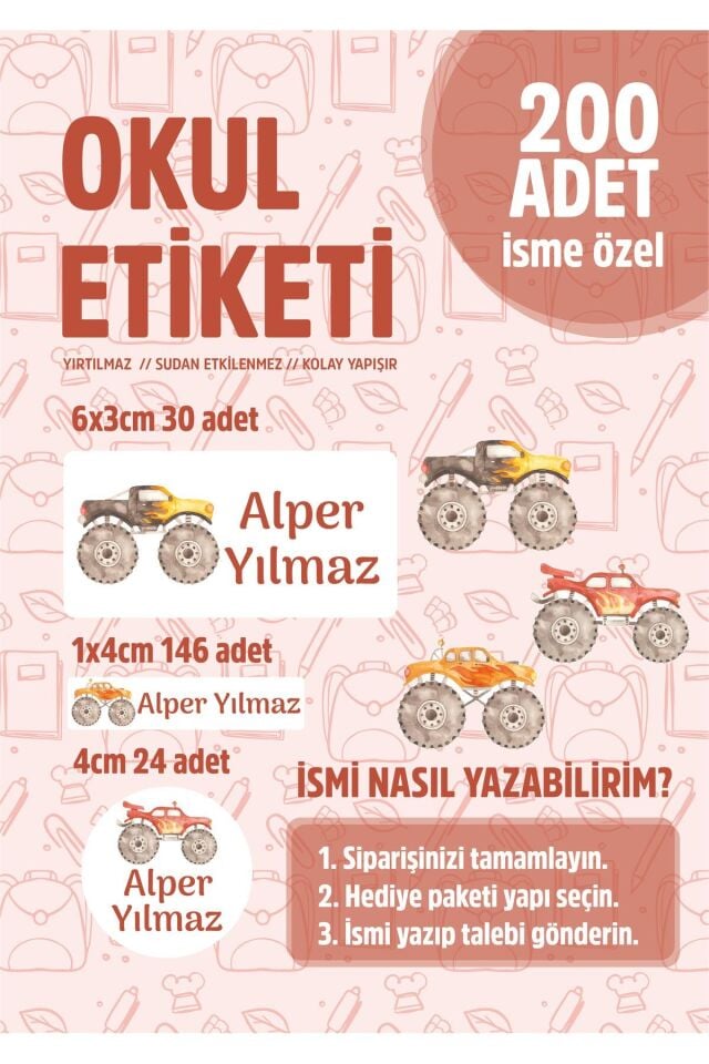 Okul Kalem Defter Etiketi Yarış Arabaları Temalı Özel Isim Yazılabilen Etiket - 200 Adet -