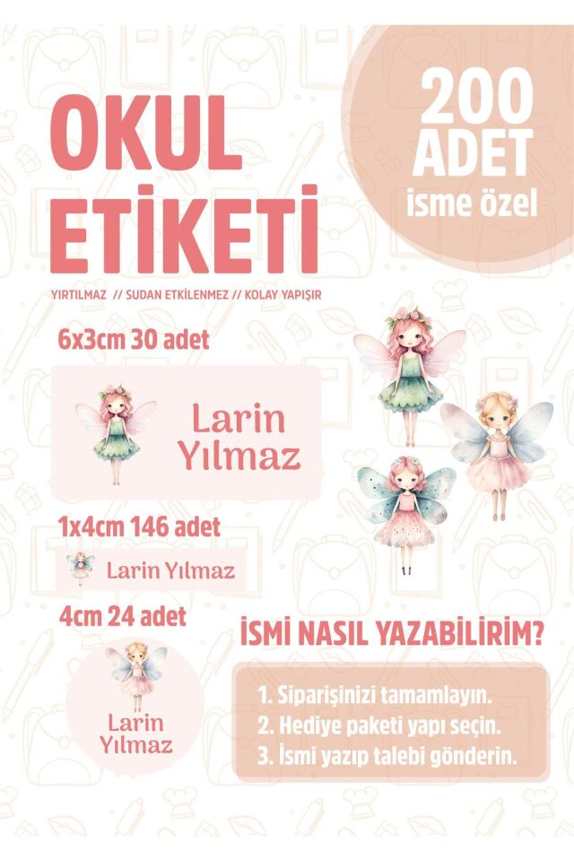 Okul Kalem Defter Etiketi Peri Temalı Özel Isim Yazılabilen Etiket - 200 Adet -