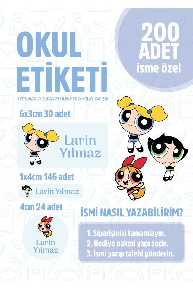 Okul Kalem Defter Etiketi Powerpuff Girls Temalı Özel Isim Yazılabilen Etiket - 200 Adet -