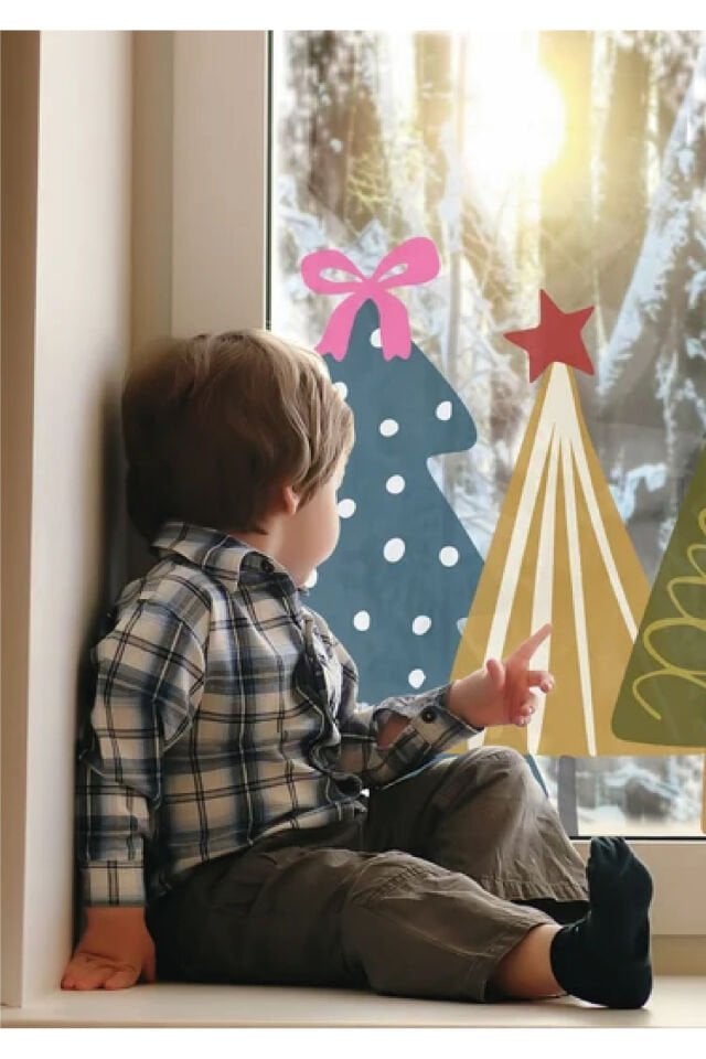 Yılbaşı-Süslü Çam Ağacı Çocuk Bebek Odası Sticker Seti , Yılbaşı Süsü Yeni Yıl Kış Konsepti -