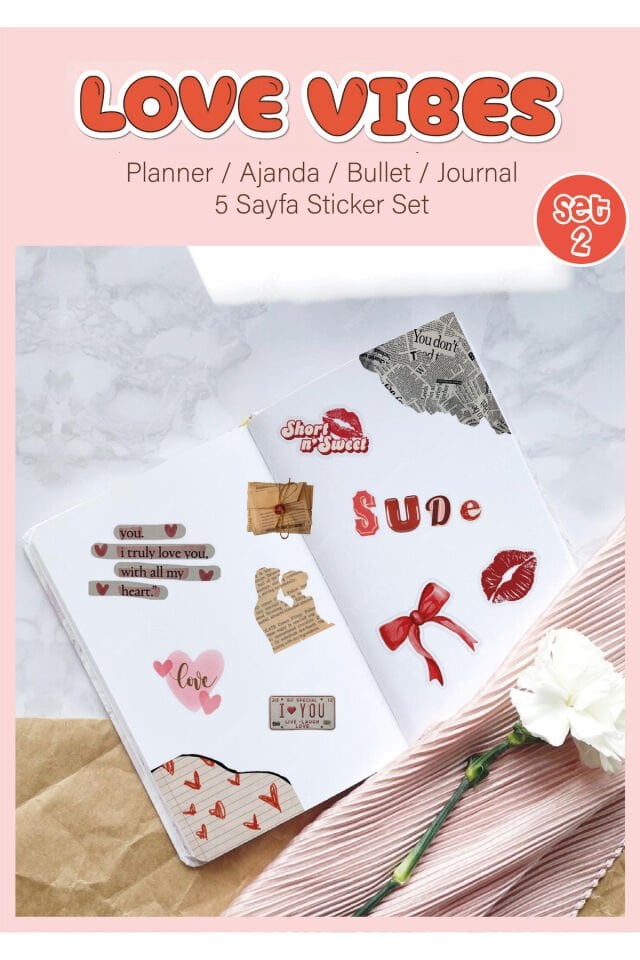 5'Li ''Love Vibes'' Vintage Sticker Planner Ajanda Bullet Journal Için Uygun Set 2 -