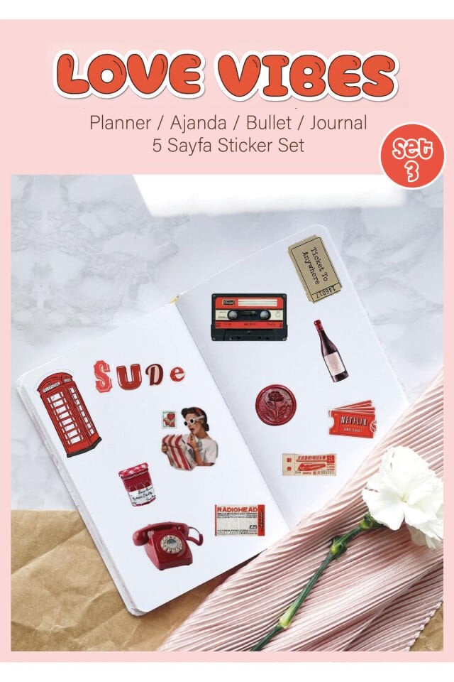 5'Li ''Love Vibes'' Vintage Sticker Planner Ajanda Bullet Journal Için Uygun Set 3 -