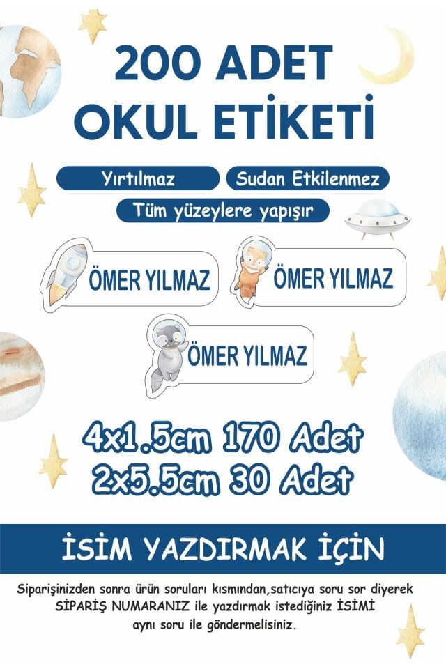 Uzay Temalı Okul Etiketi 200 Adet Kalem Defter Özel Isim Yazılabilen Etiket -