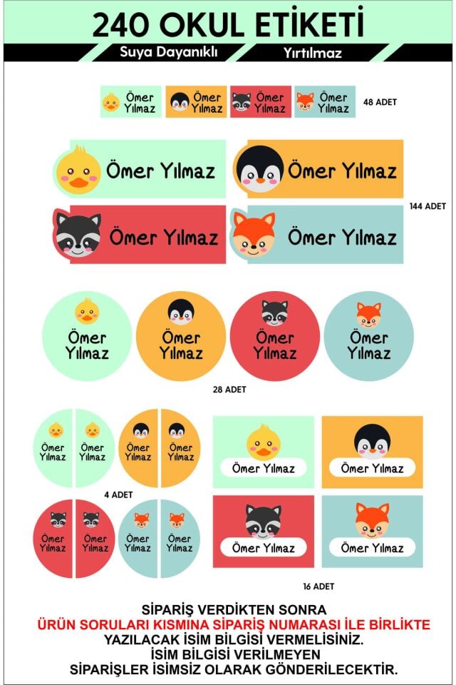 Hayvan Figürlü Okul Etiketi Kalem Defter Özel İsim Yazılabilen Etiket -