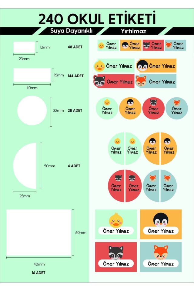 Hayvan Figürlü Okul Etiketi Kalem Defter Özel İsim Yazılabilen Etiket -