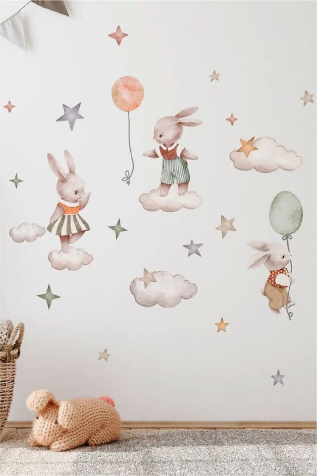 Hayal Alemi-tavşanlar Çocuk Odası Duvar Stickerı - Tek Ebat