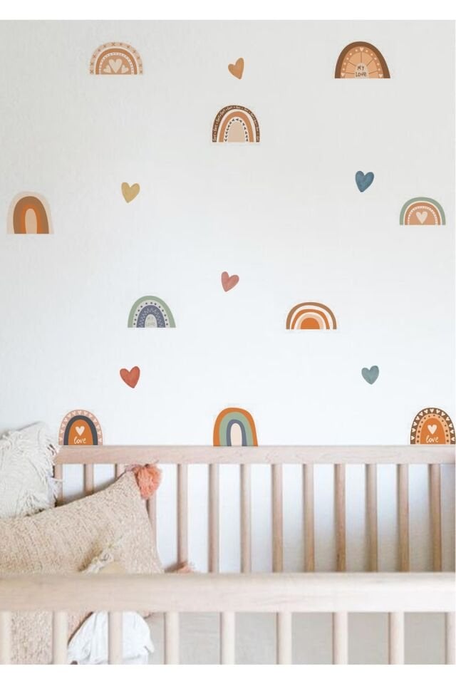 Aşık Kalpler Ve Gökkuşakları Çocuk Odası Duvar Stickerı - Tek Ebat