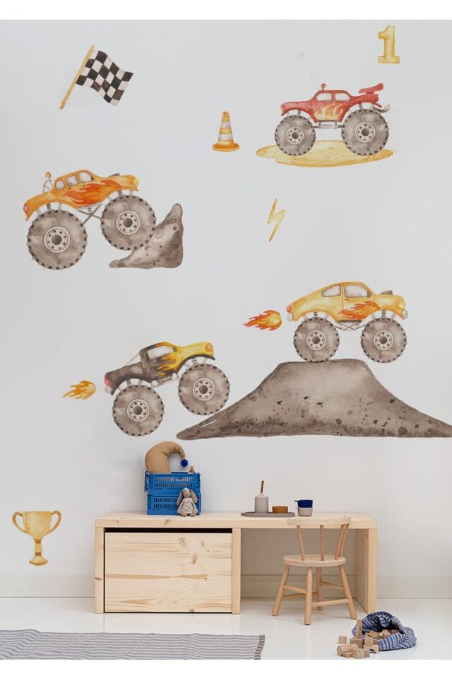 Yarış Arabaları Çocuk Odası Duvar Stickerı - Tek Ebat