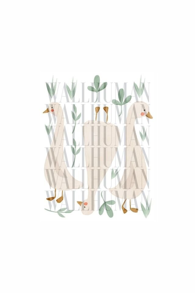 Beyaz Kazlar Suluboya Çizim Çocuk Odası Duvar Stickerı - 50 x 100