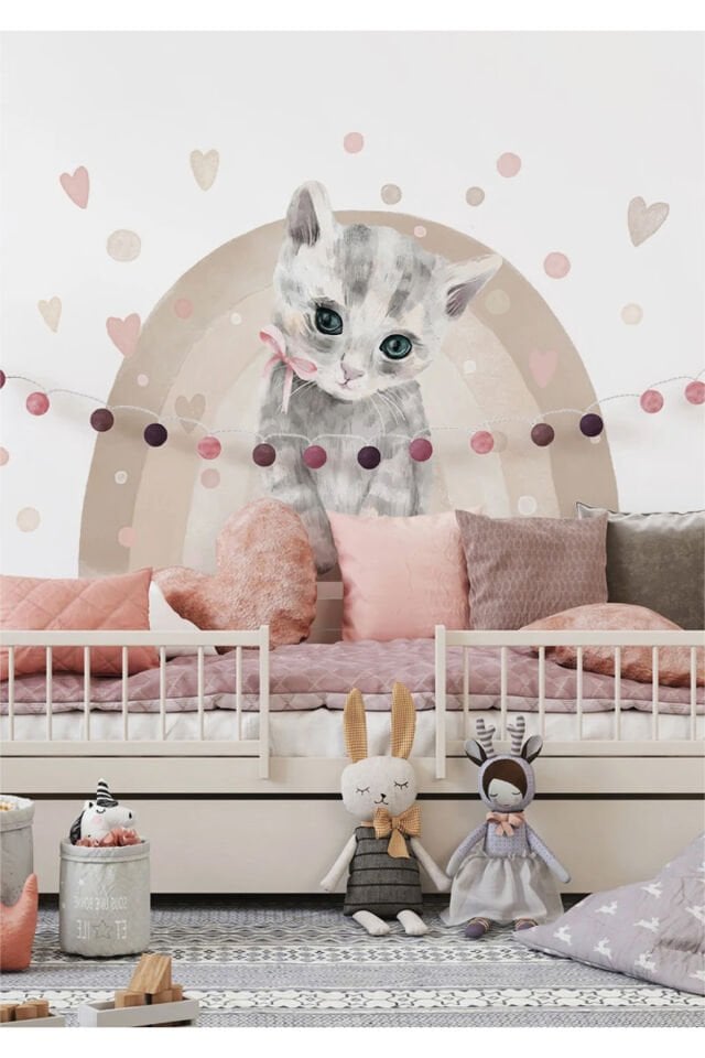 Kedili Gökkuşağı Çocuk Odası Duvar Stickerı - 95 x 130
