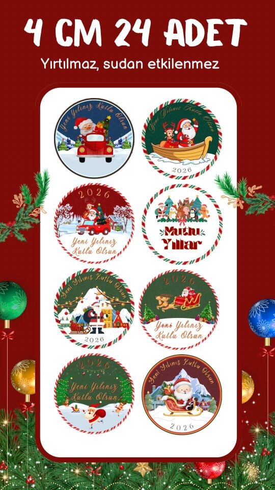 Yılbaşı Temalı 4 cm 24’lü Yuvarlak Etiket