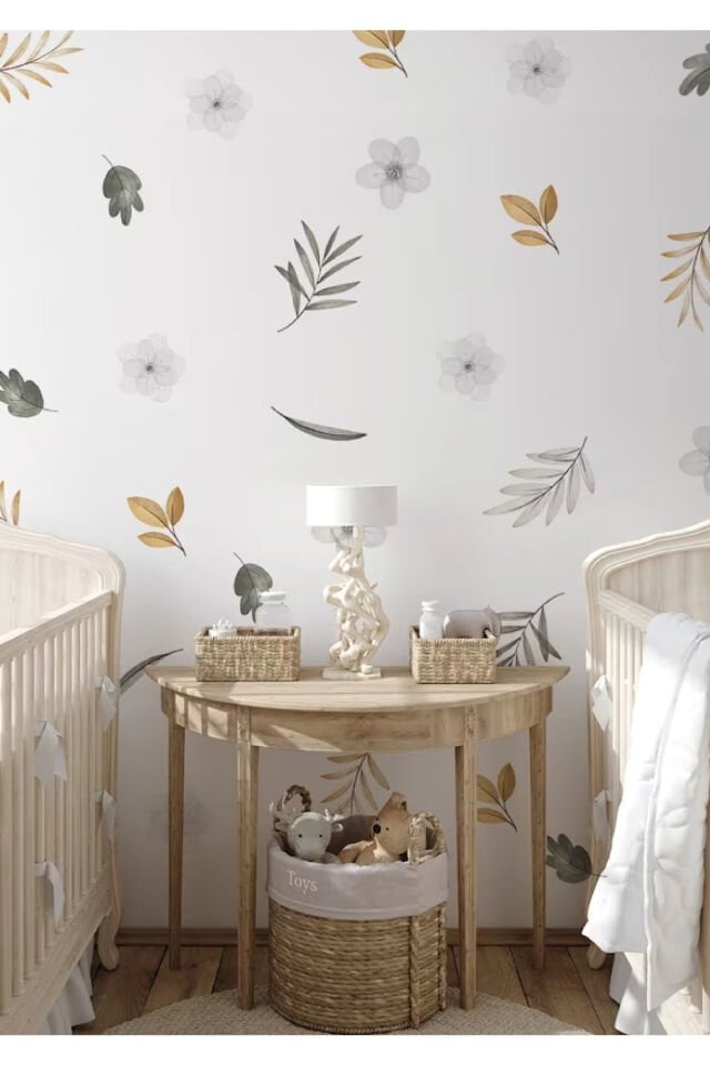 Gri Boho Çiçekler Çocuk Odası Duvar Stickerı - 60 x 100