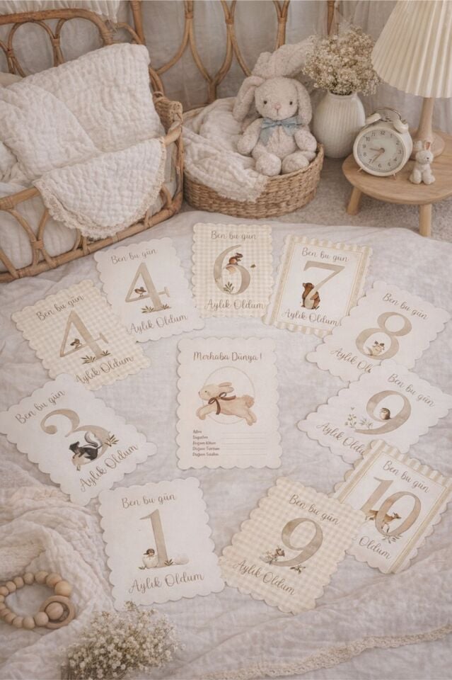 Bebek Anı Kartları Seti – İlkler & Aylık Milestone Kartları – 10x14 cm – 25 Adet