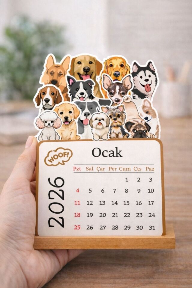 Köpek Dostlar 2026 Masa Takvimi – Ahşap Standlı Dekoratif Takvim