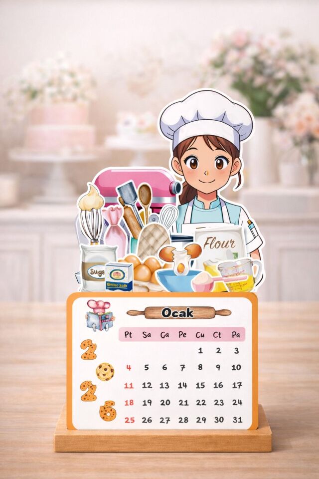 Tatlı Şef 2026 Masa Takvimi – Ahşap Standlı Mutfak Konsept Takvim