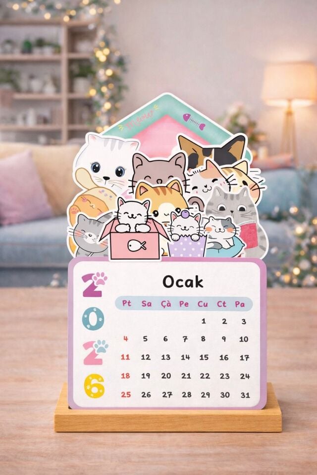 Sevimli Kediler 2026 Masa Takvimi – Ahşap Standlı Dekoratif Takvim