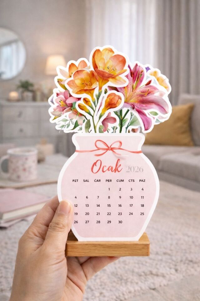 Çiçek Buketi 2026 Ahşap Standlı Masa Takvimi