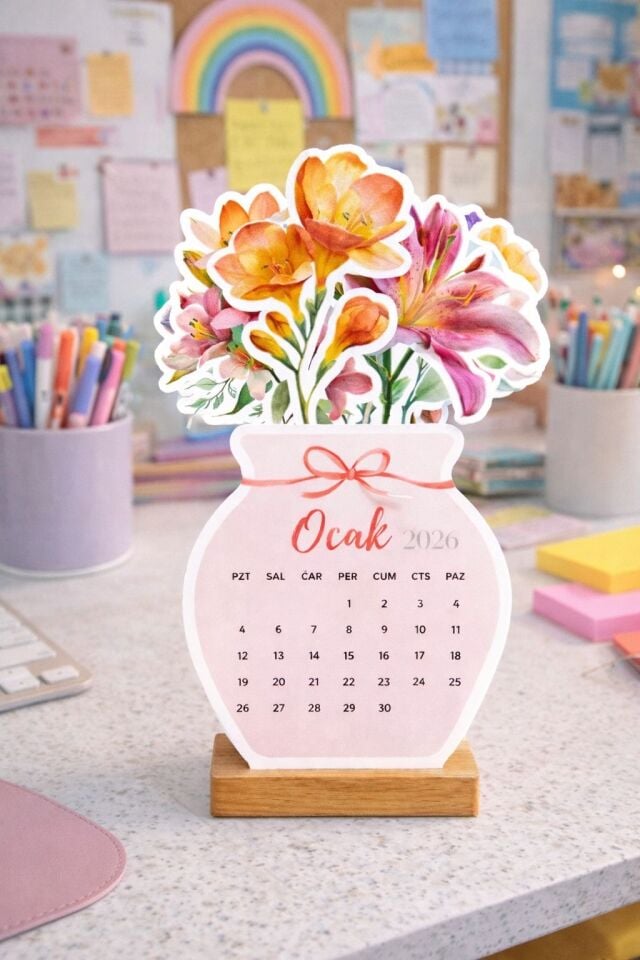 Çiçek Buketi 2026 Ahşap Standlı Masa Takvimi