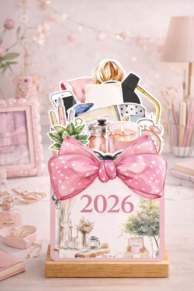 Pink Aesthetic 2026 Ahşap Standlı Masa Takvimi