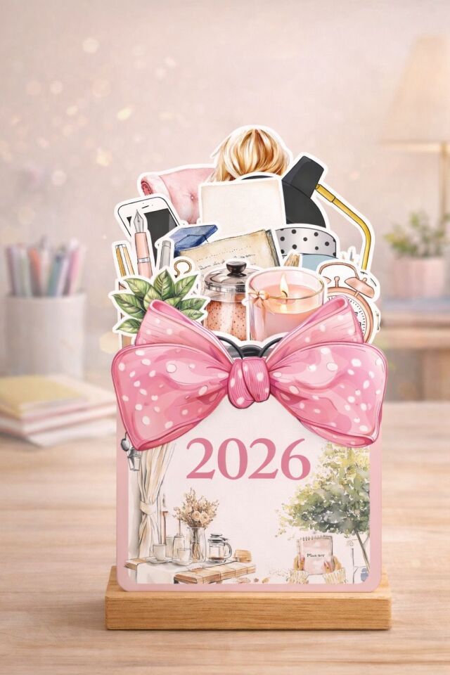 Pink Aesthetic 2026 Ahşap Standlı Masa Takvimi