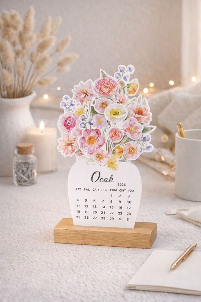 Zarif Çiçekler 2026 Ahşap Standlı Masa Takvimi
