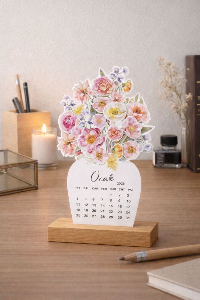 Zarif Çiçekler 2026 Ahşap Standlı Masa Takvimi