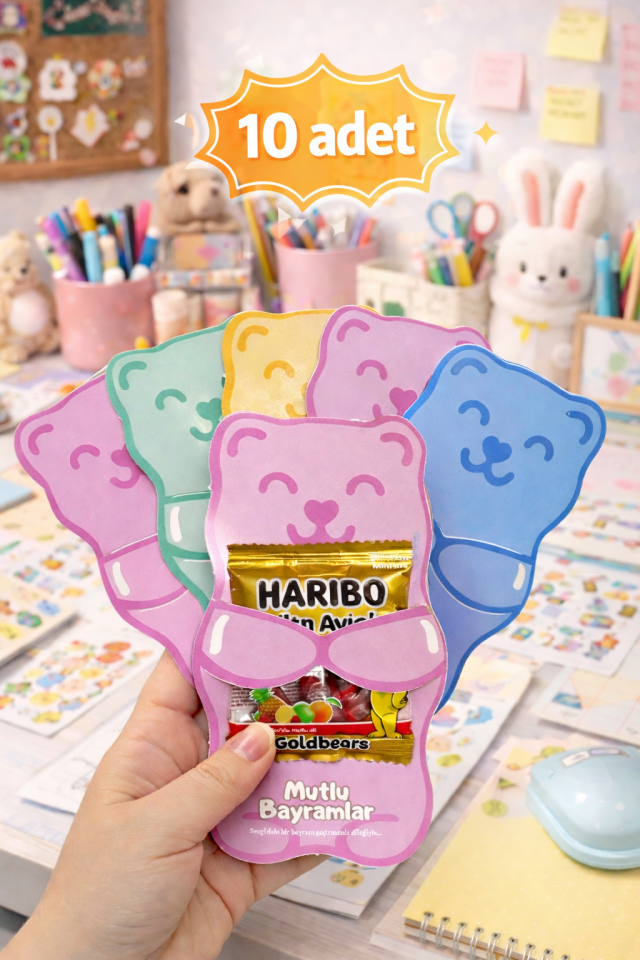Ayıcıklı Bayram Jelibon Şeker Kartı – 10 Adet Renkli Ayıcık Kartı | Bayram Hediyelik Çocuk Kartı