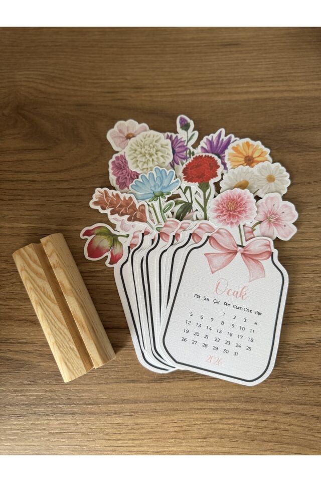 2026 Ahşap Ayaklı Çiçekli Mini Özel Tasarım, Masaüstü Takvim - Yeni Yıl -