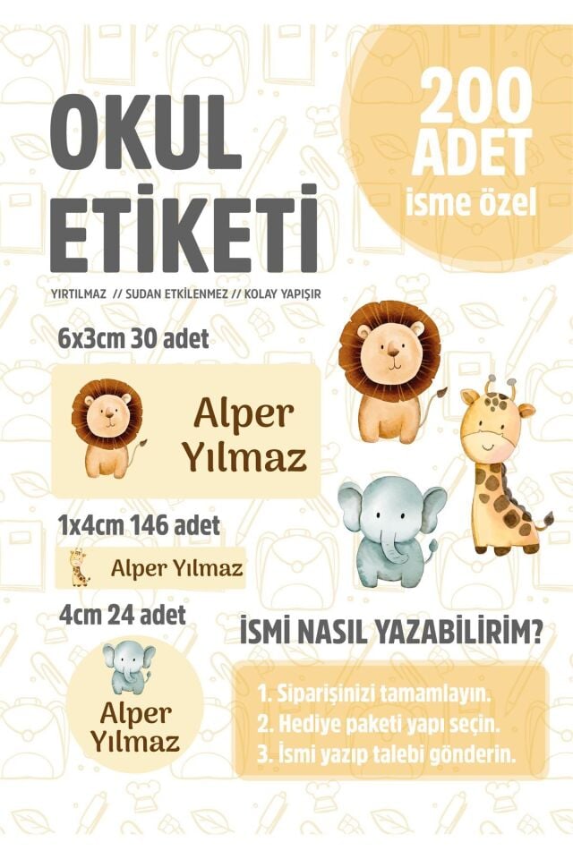 Okul Kalem Defter Etiketi Hayvan Temalı Özel Isim Yazılabilen Etiket - 200 Adet -