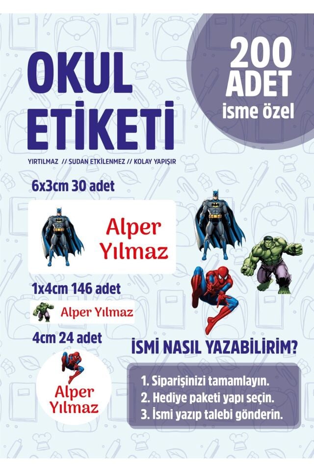 Okul Kalem Defter Etiketi Süper Kahramanlar Temalı Özel Isim Yazılabilen Etiket - 200 Adet -