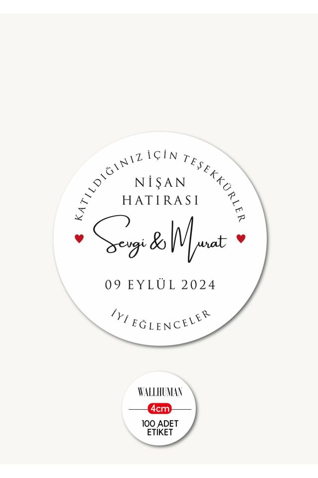 Yapışkanlı İsimli Etiket - Söz, Nişan, Düğün - 4cm 100 Adet -
