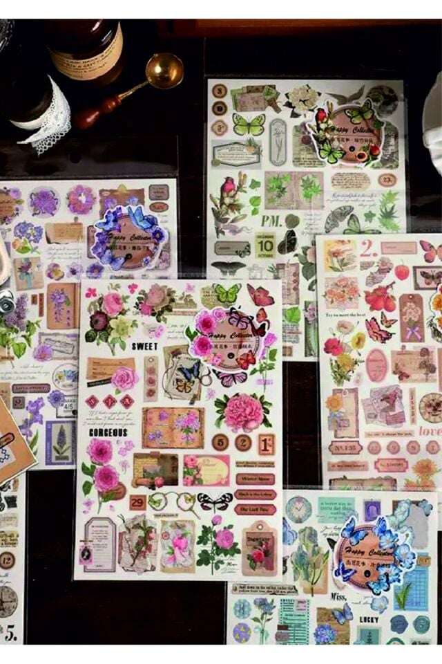 Retro Çiçek Kelebek 6'Lİ Set Çıkartmaları Ajanda Bullet Journal için Suya Dayanıklı Sticker -