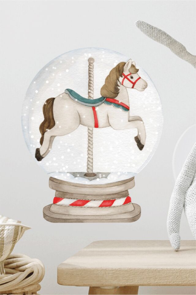 Atlı Kar Küresi Yılbaşı Süsü Çocuk Odası Cam Stickerı -